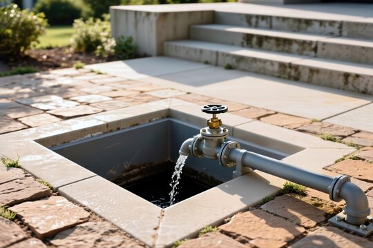 Outdoor water pipe with valve discharging into utility pit.