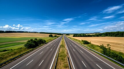 Fototapeta premium Long straight highway stretching into the distance under a blue sky