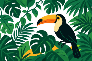 Naklejka premium Colorful toucan bird perched among vibrant green tropical jungle foliage and lush leaves