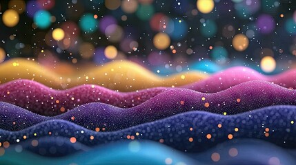 An abstract image featuring colorful wavy shapes with a bokeh effect and sparkling lights, creating a dreamy and festive atmosphere.