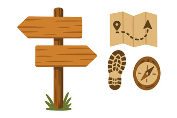 Outdoor adventure and hiking navigation icons set featuring signpost map compass and boot print © icon_art