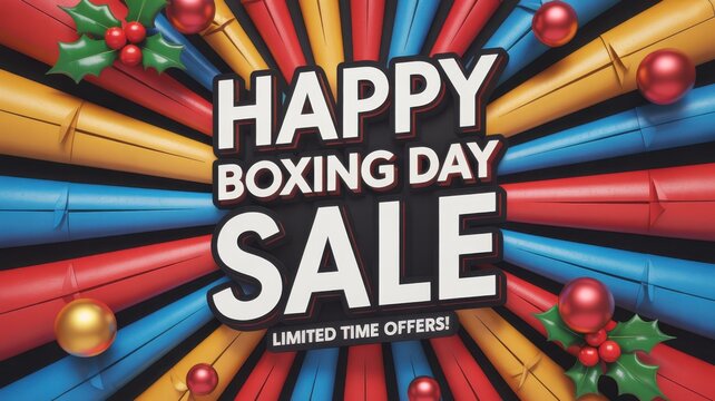 Bright and colorful boxing day sale background with christmas ornaments and holly berries for festive shopping promotion