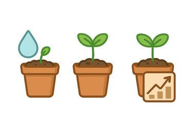 Sequential stages of plant growth in flowerpots symbolizing business success and financial development