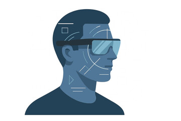 Profile of man wearing smart glasses with digital data display and facial recognition technology