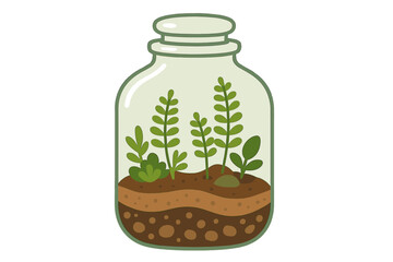 Small indoor garden ecosystem in a sealed glass jar with green plants and soil layers