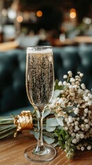 A glass of champagne is on a table next to a bouquet of flowers. The champagne is bubbly and the flowers are white. The scene is elegant and sophisticated