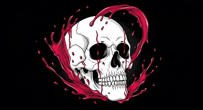 Skull with dripping red liquid forming a heart shape.