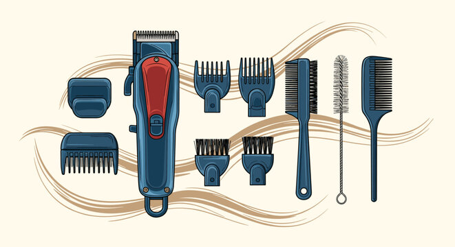 A professional set of barber and hairstyling tools illustrated, including an electric hair clipper, guide combs, and various brushes, ready for grooming.