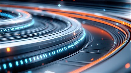 A close-up view of a futuristic abstract ring structure with glowing blue and orange lights. The image showcases a sense of technology and innovation.