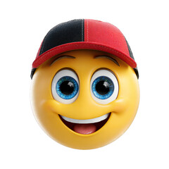 Happy emoji face wearing red and black baseball cap, cheerful cartoon smiley character, casual sports fan concept, isolated on white background