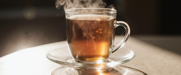 Extreme closeup of a clear glass cup filled with steaming tea, relaxation concept