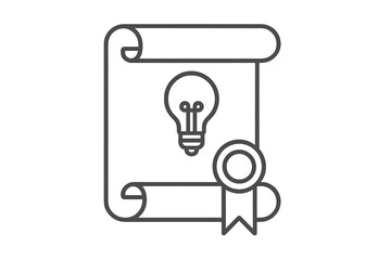 Scroll document with light bulb and ribbon seal symbolizing intellectual property and patent