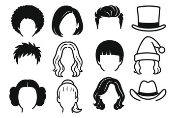 Collection of various hairstyles and hats for men and women in black and white silhouette style