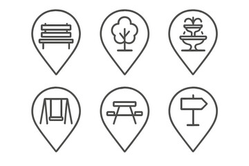 Park and recreation location markers bench tree fountain swing picnic table signpost