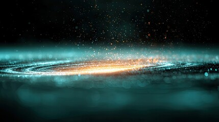 Abstract image of a galaxy with glowing particles and a dark background. The image features a spiral of light and bokeh effects.