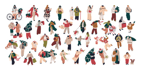 Fototapeta premium Tiny people walking outdoors on winter holiday. Christmas characters on street, men and women with gifts, shopping bags, Xmas trees, dogs, kids. Flat vector illustrations isolated on white background.