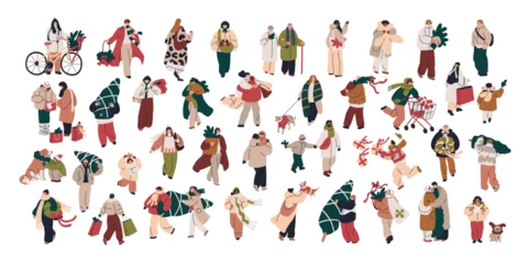 Fototapeten Pony Tiny people walking outdoors on winter holiday. Christmas characters on street, men and women with gifts, shopping bags, Xmas trees, dogs, kids. Flat vector illustrations isolated on white background.  © Good Studio