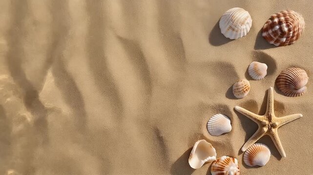 Beach scene with seashells and starfish on the sand.