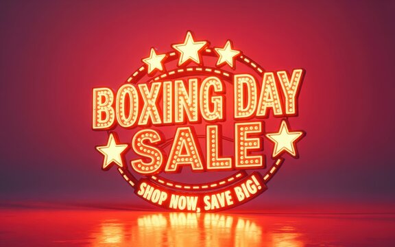 Bright and festive boxing day sale sign with glowing stars, shop now and save big on a red background, a great deal