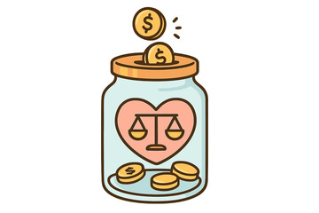 Glass savings jar receiving dollar coins featuring a heart shape and scales of justice icon