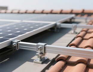 Close-up of aluminum solar panel mounting rails and brackets on a tiled roof.