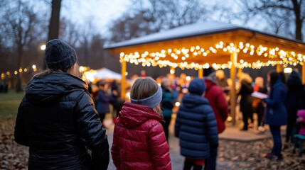 A lively outdoor gathering illuminated by warm twinkling lights, showcasing families and friends enjoying seasonal festivities during a chilly evening in a cozy park atmosphere.