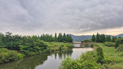 Lake surrounded by lush green trees and distant hills under soft cloudy daylight, forming a peaceful natural scenery.