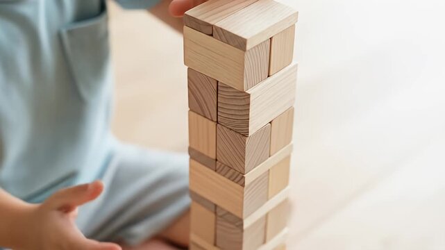 Child carefully stacking wooden blocks in a tower.