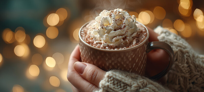 Hot chocolate with whipped cream held in cozy sweater hand - Powered by Adobe
