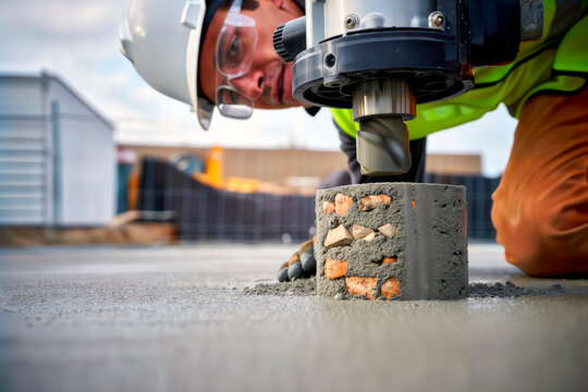 Construction worker drilling concrete core sample for industrial quality testing. - Powered by Adobe