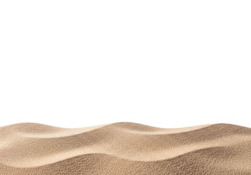 Undulating strip of very light brown, fine-grained sand at the bottom edge, subtle textures, soft shadows, against a vast transparent background with copy space, minimalist commercial design concept