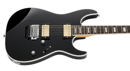 Modern electric guitar with glossy black body, white accents, light brown neck, dark fretboard, golden humbuckers, against transparent studio background with copy space, high-end product