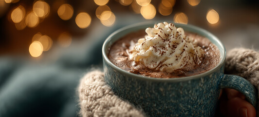 Cozy hot chocolate topped with whipped cream and chocolate shavings