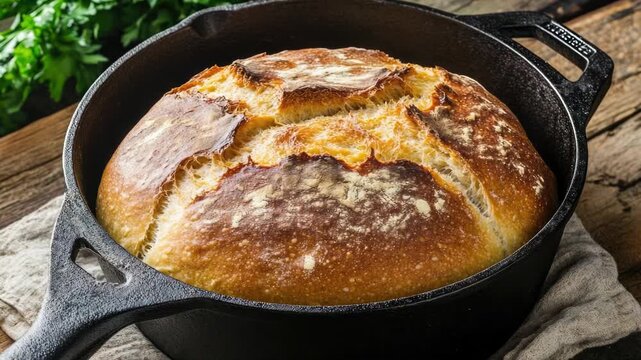 Video Freshly baked bread in a preheated cast iron skillet, ready to be served