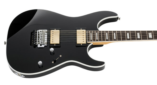 Modern electric guitar with glossy black body, white accents, light brown neck, dark fretboard, golden humbuckers, against transparent studio background with copy space, high-end product