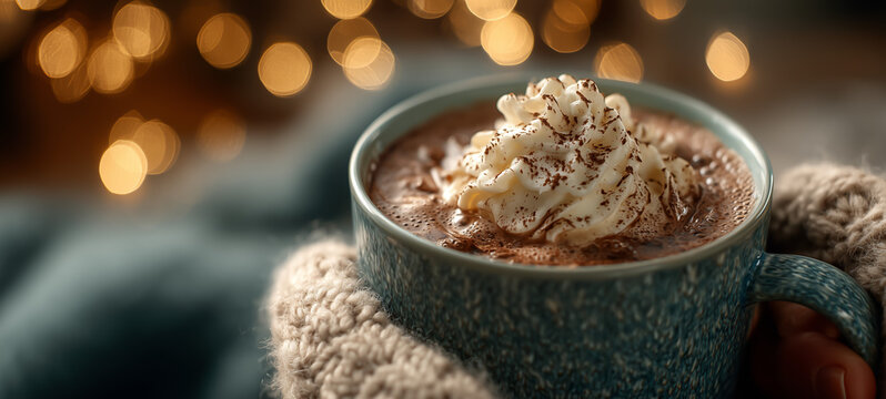 Cozy hot chocolate topped with whipped cream and chocolate shavings