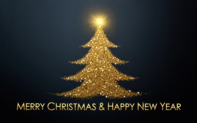 Fototapeta premium A sparkling golden christmas tree on a dark blue background, wishing you a merry christmas and a happy new year with festive cheer