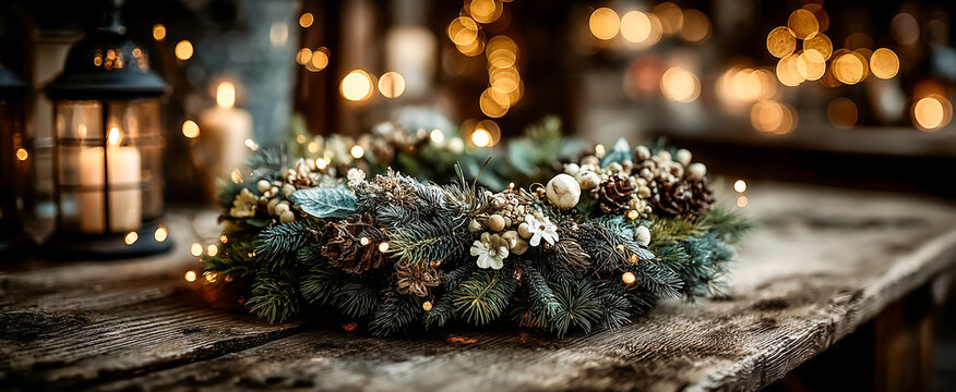 Decorative holiday wreath with candles and warm fairy lights
