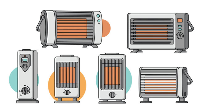 A collection of various household electric heaters for room warming, illustrated with a flat design style on a white background.