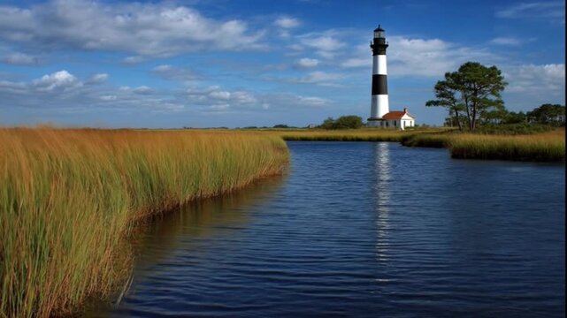 Coastal scene with a black and white lighthouse reflecting in blue water framed by tall grass under a cloudy sky