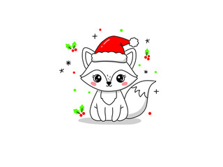 christmas card with snow fox red hat