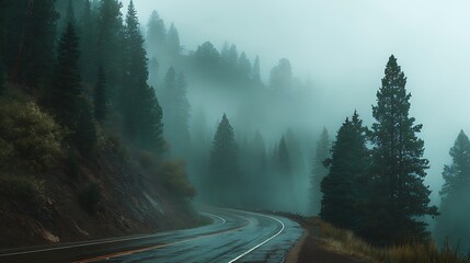 Winding road through a dense, foggy evergreen forest landscape