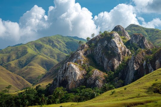 Jagged rock formations rise above rolling green hills under a bright cloudy sky - Powered by Adobe