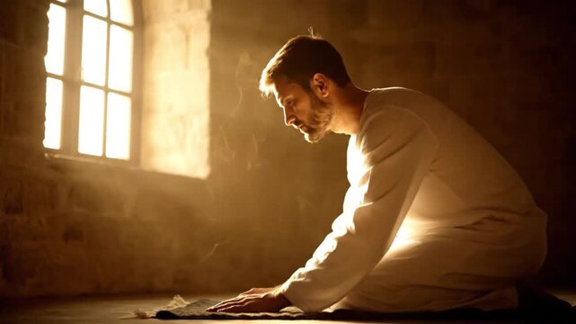 Man in white garment kneeling on a rug, praying in a sunlit room, spiritual moment