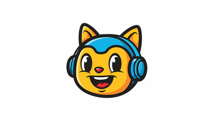 Fototapeta premium Vibrant cartoon cat character wearing bright blue headphones, smiling with a cheerful expression in bold outlined mascot style on a clean white background in digital illustration