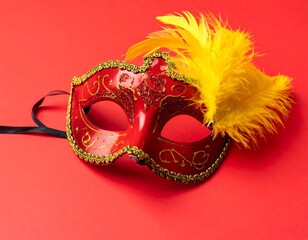 Red Venetian Carnival Mask with Yellow Feather.