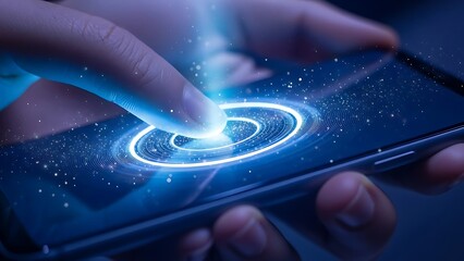 Finger Touching Glowing Futuristic Smartphone Screen Unlocking Device Technology Innovation Mobile App Interface User Experience Cybersecurity Biometric 