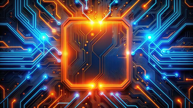 Futuristic glowing orange and blue circuit board with neon-like lines and abstract shapes