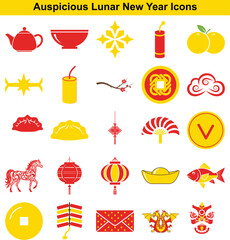 Various auspicious cultural icons for Lunar New Year, depicting traditional elements and festive items