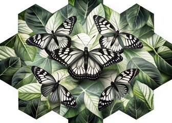Intricate hexagonal pattern created by overlapping black and white butterflies on a leaf surface